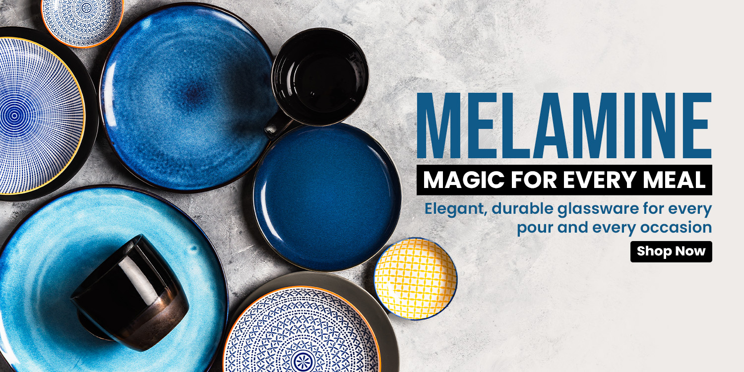 A vibrant collection of elegant and durable melamine dinnerware, featuring patterned plates and bowls perfect for stylish restaurant dining.